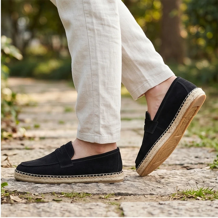 Model wearing Navy blue Men's Jute Espadrilles Slip on Loafers Cow Suede Leather Casual Shoes outdoors - 2