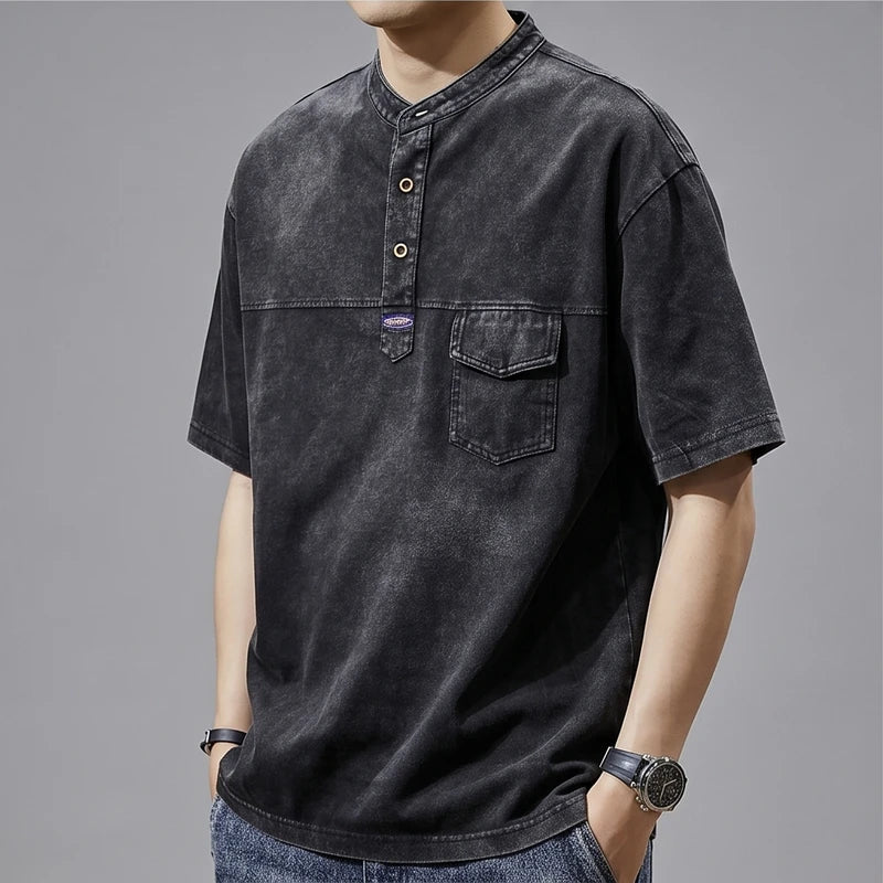 Model wearing Black Renn Faded Mandarin Collar Shirt in studio - 3