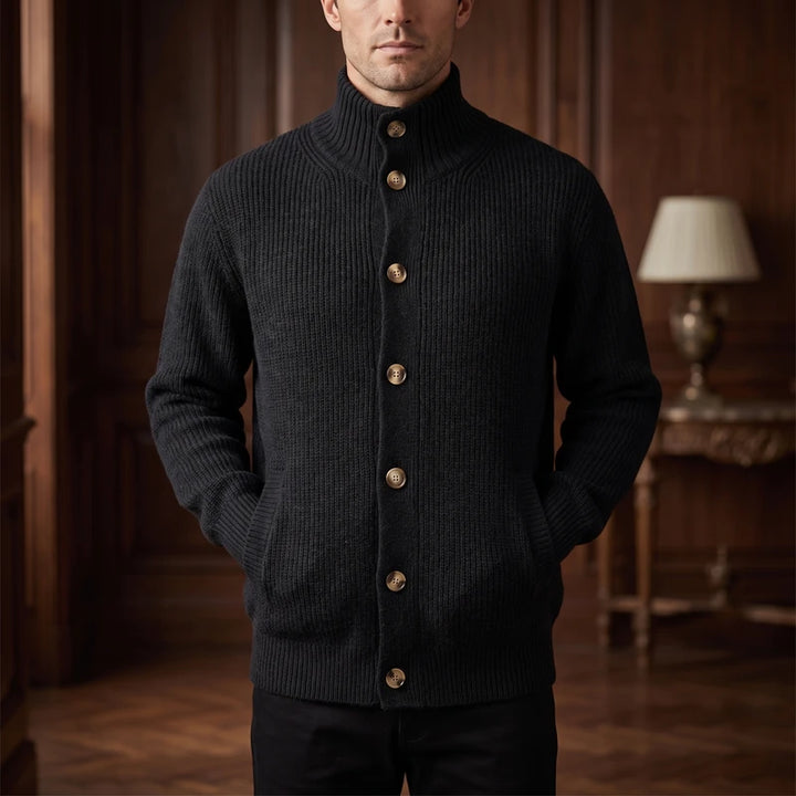 D013hei knitted cardigan in a dark wood interior