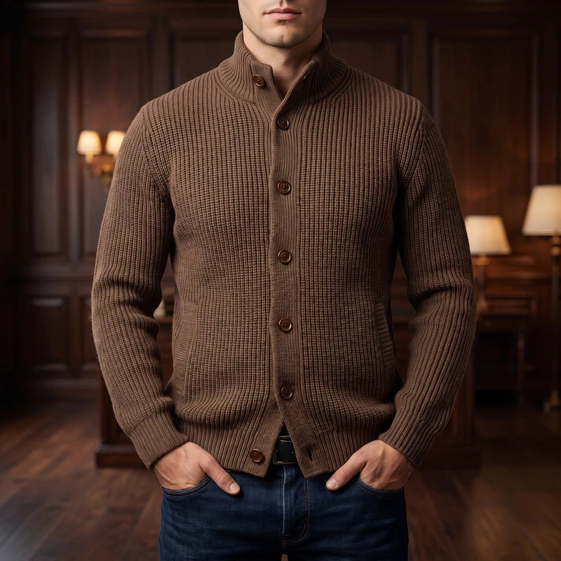 D013ka knitted cardigan in a dark wood interior