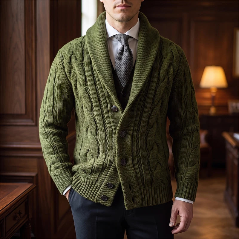 ArmyGreen knitted cardigan in a dark wood interior