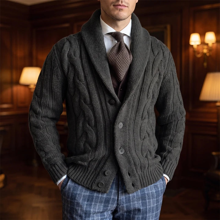 black knitted cardigan in a dark wood interior