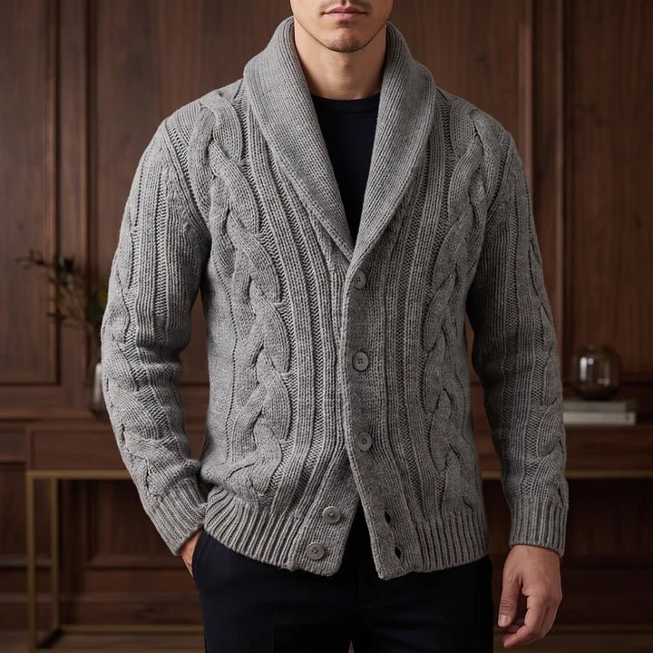 dark gray knitted cardigan in a dark wood interior