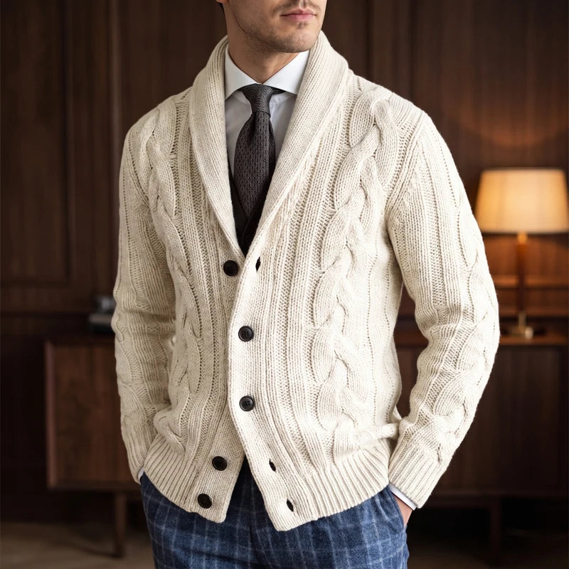 ivory white knitted cardigan in a dark wood interior