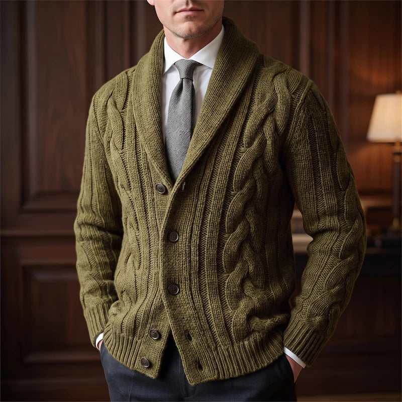 olive green knitted cardigan in a dark wood interior