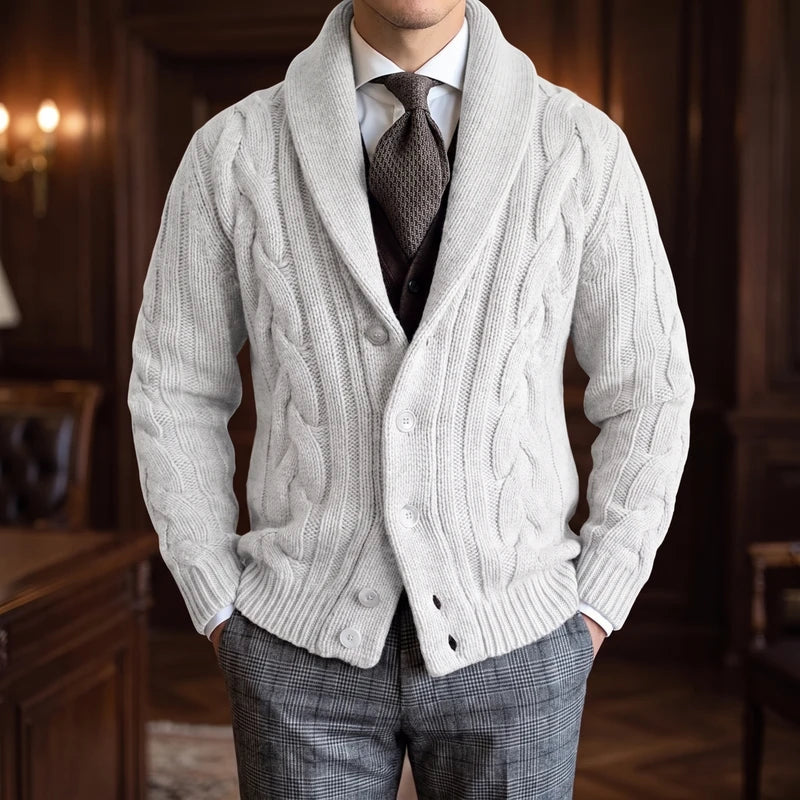 White knitted cardigan in a dark wood interior