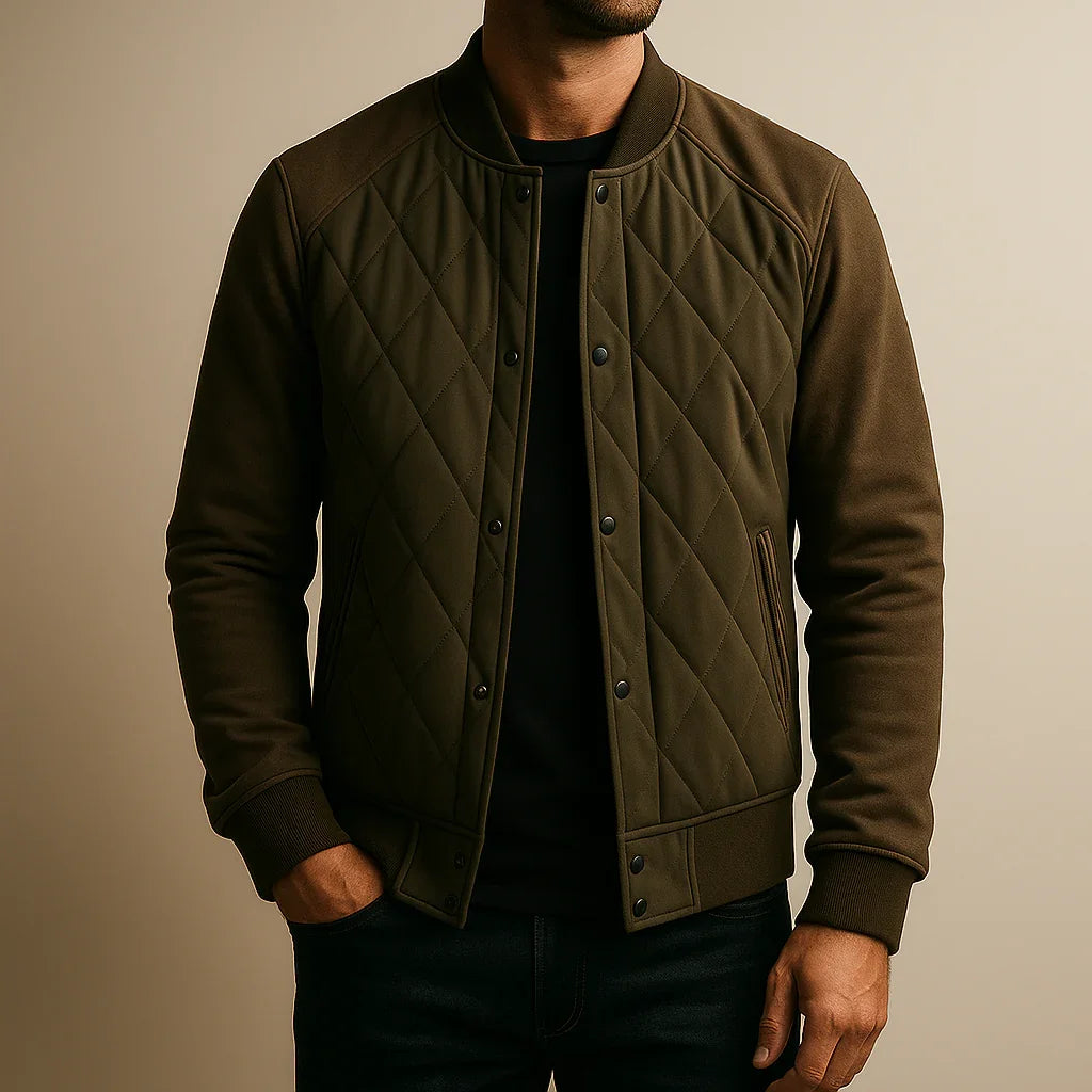 Man wearing a brown quilted jacket against a beige background
