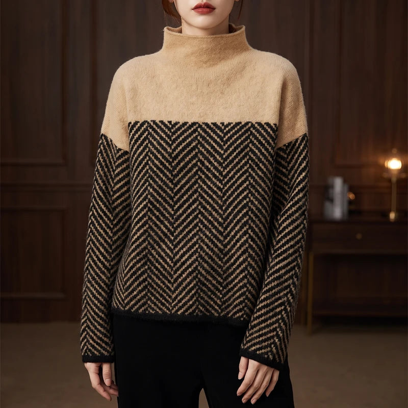 Khaki knit sweater in a dark wood interior