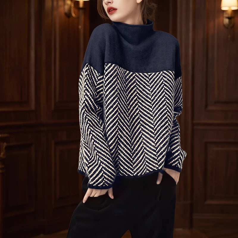 Navy Blue knit sweater in a dark wood interior
