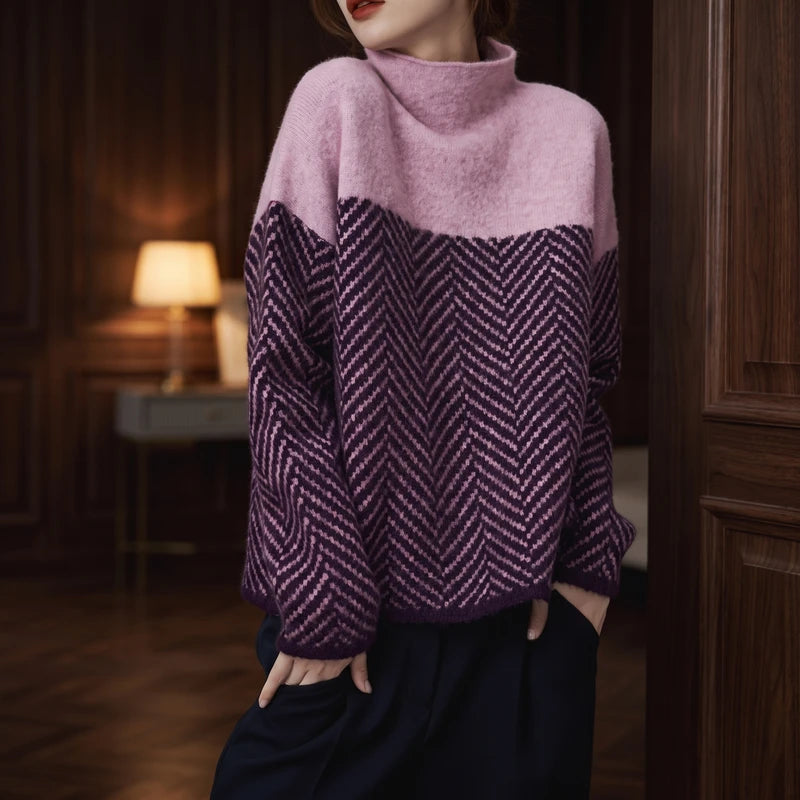 Purple knit sweater in a dark wood interior