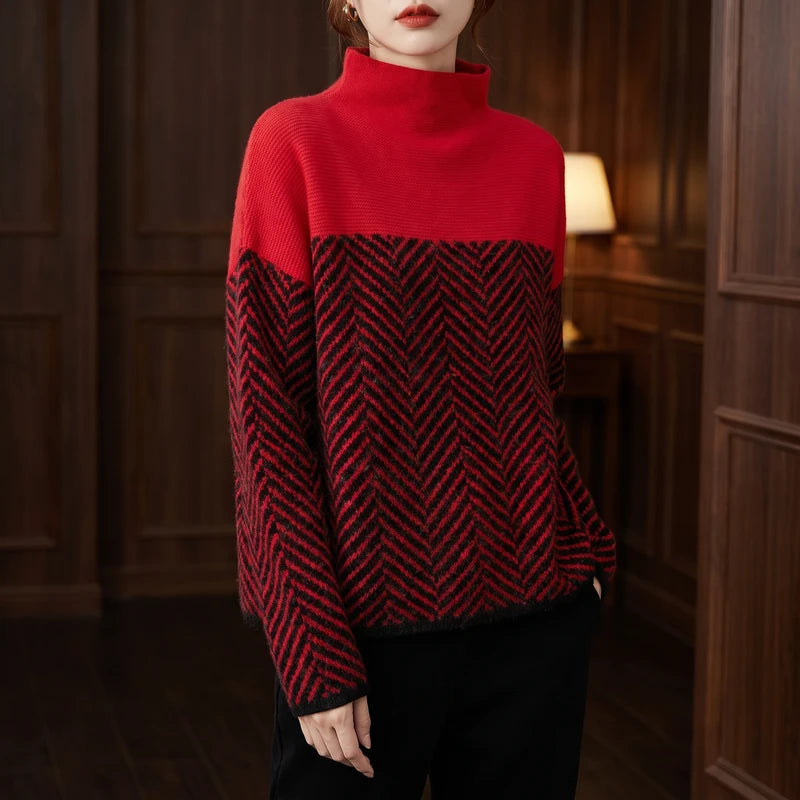Red knit sweater in a dark wood interior