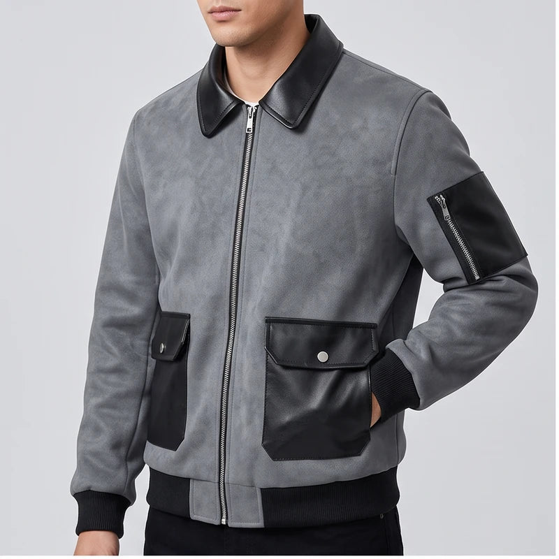 Model wearing Gray suede jacket in a studio