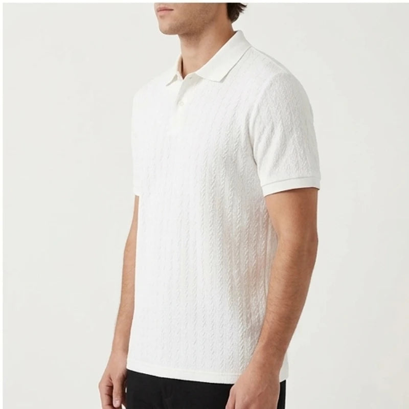Model wearing White Ashby Textured Knit Polo Shirt in studio - 2
