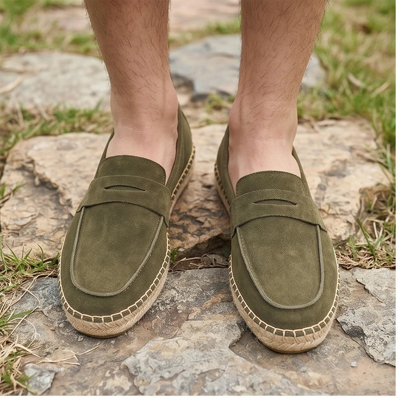Model wearing Green Men's Jute Espadrilles Slip on Loafers Cow Suede Leather Casual Shoes outdoors