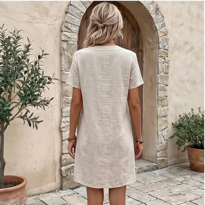 Model wearing Women's Casual Linen V-neck Dress Cotton Clothes Summer Basic Style Mid-waist Knitted Polyester Fabric 2025 Summer Collection Women's Casual Linen V-neck Dress Cotton Clothes Summer Basic Style Mid-waist Knitted Polyester Fabric 2025 Summer Collection outdoors - 3