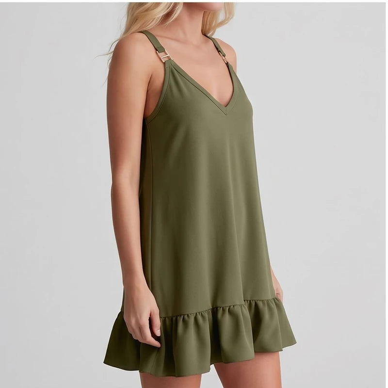 Model wearing AG Women Deep V Sleeveless Tank Dress Ruffle Hem Loose Large Size Dress Holiday Beach Fashionable Comfortable Beach Baggy Sundress in studio - 2