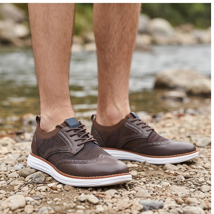 Model wearing Brown mesh shoes outdoors - 2