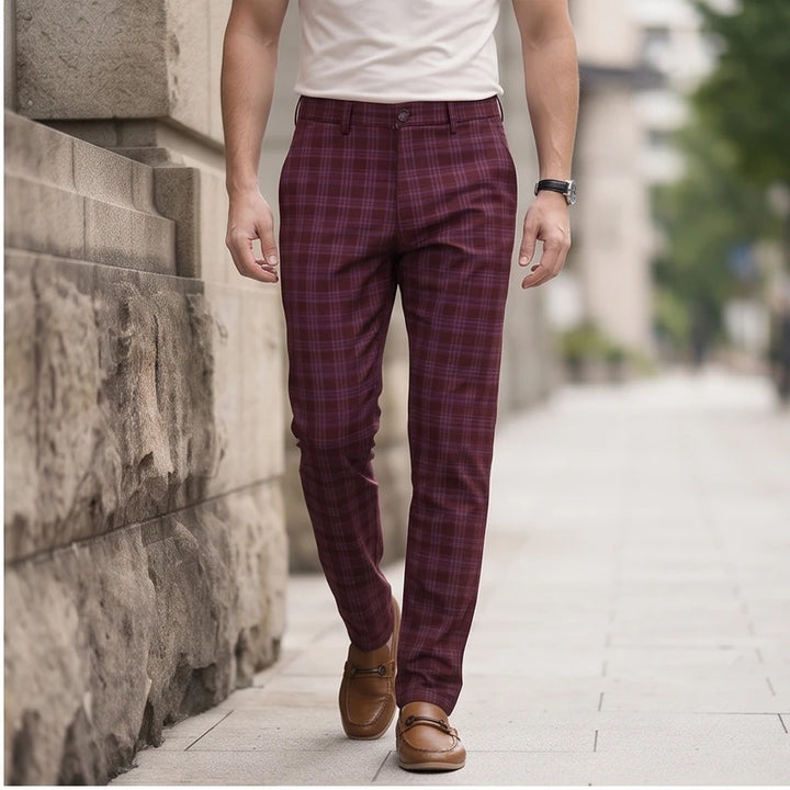 Model wearing Burgundy pants outdoors