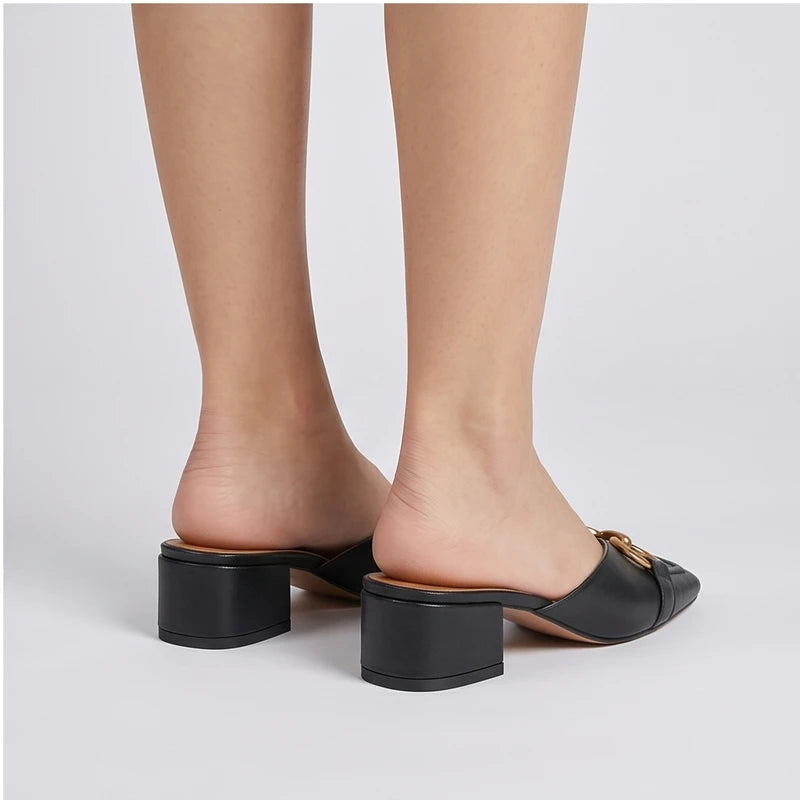 Model wearing Black Quincy Genuine Leather Square Toe Mules in studio - 4