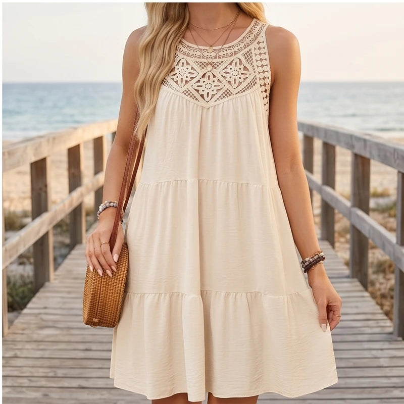 Model wearing Beige Azura Cotton Crochet Tiered Dress outdoors - 4