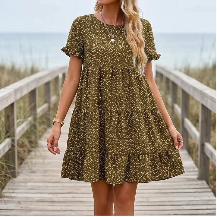 Model wearing Brown Dotted Mini A-Line Sundress with Short Sleeves outdoors