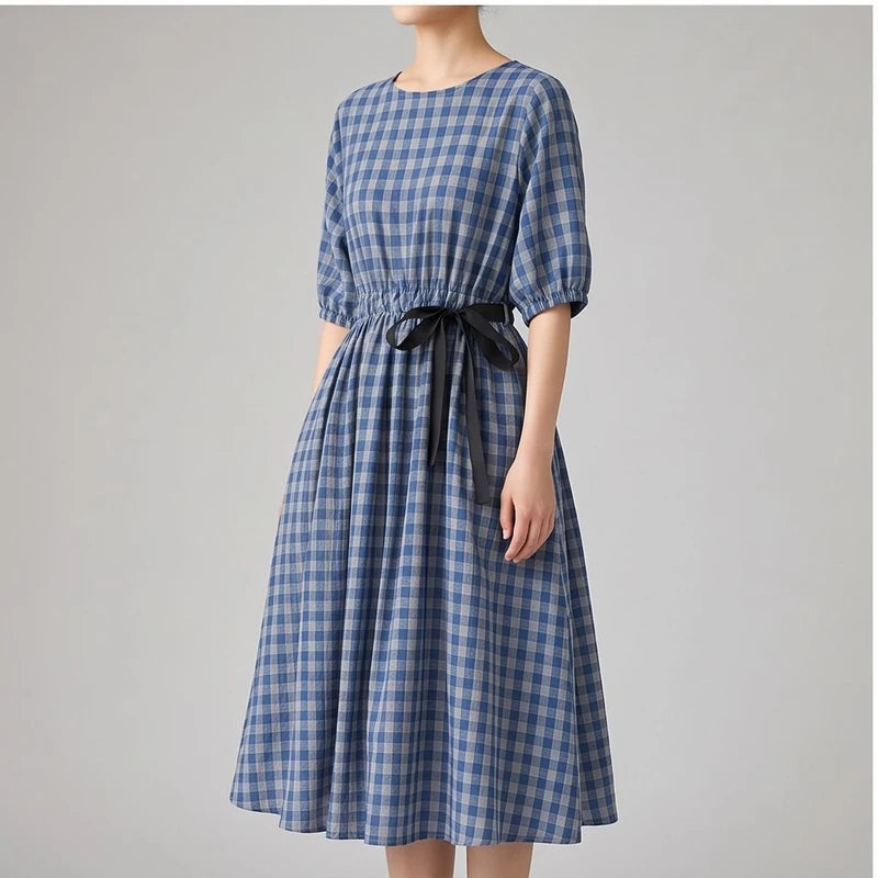 Model wearing Blue Elara Check Midi Dress in studio - 3