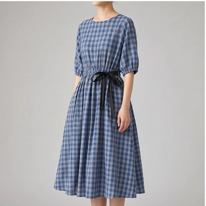 Model wearing Blue Elara Check Midi Dress in studio - 3