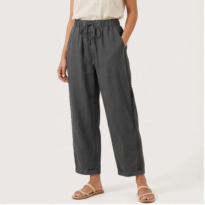 Model wearing Dark Grey Wide Leg Pants Women Casual Straight Ankle Length Trousers High Waist Elastic Waist Lace Up Pockets Slacks 2025 Streetwear in studio