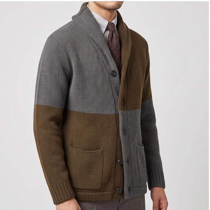Model wearing Gray knitted cardigan in a studio
