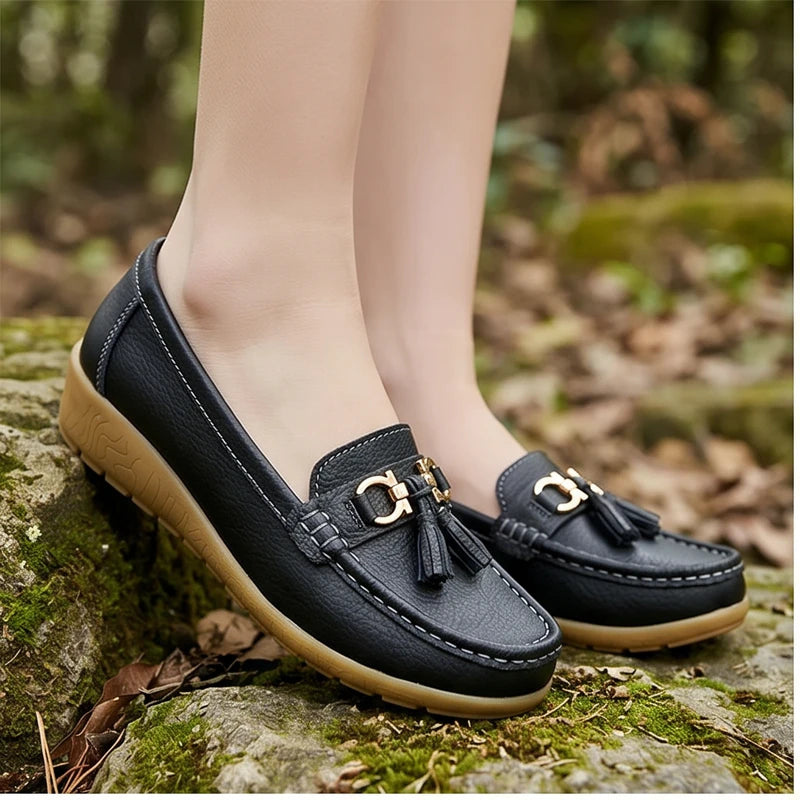 Model wearing Black01 Shoes for Women Casual White Slip On Loafers Sneakers Woman Soft Low Heels Sports Tennis Woman Casual Sneaker Female Footwear outdoors