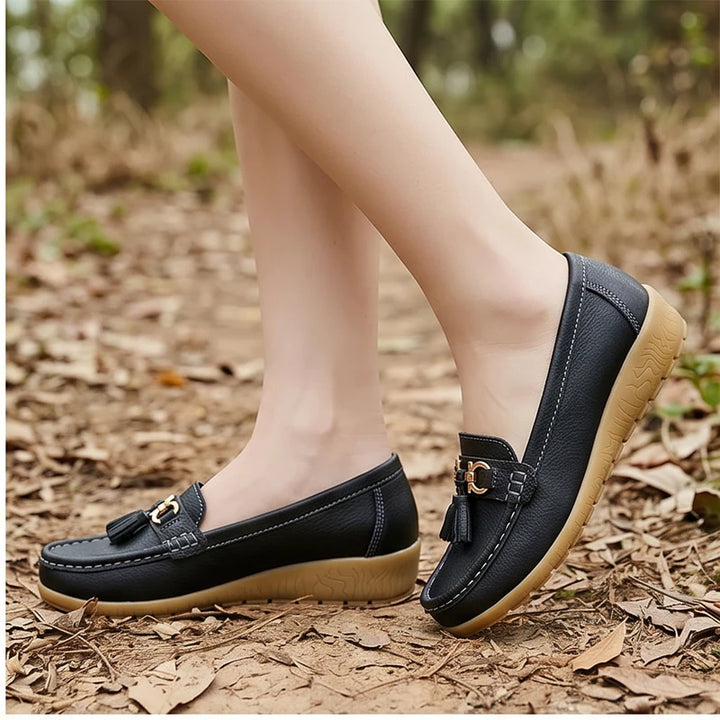 Model wearing Black01 Shoes for Women Casual White Slip On Loafers Sneakers Woman Soft Low Heels Sports Tennis Woman Casual Sneaker Female Footwear outdoors - 2