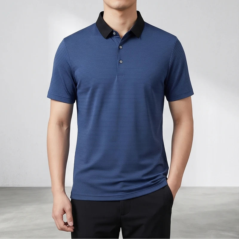 Model wearing Blue Hollis Striped Polo in studio