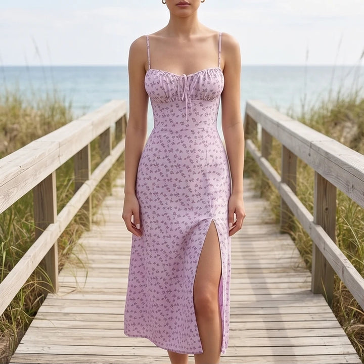 Model wearing Pink Seraphine Floral Midi Slip Dress outdoors