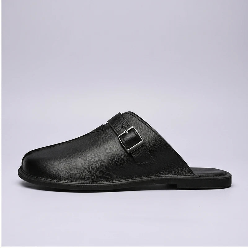 4216Black Plus Size 38-47 Summer Open-back Slides Sandals Mules Half Shoes For Men 2025 Leather Backless Casual Shoes Loafers Slippers product photo - 2