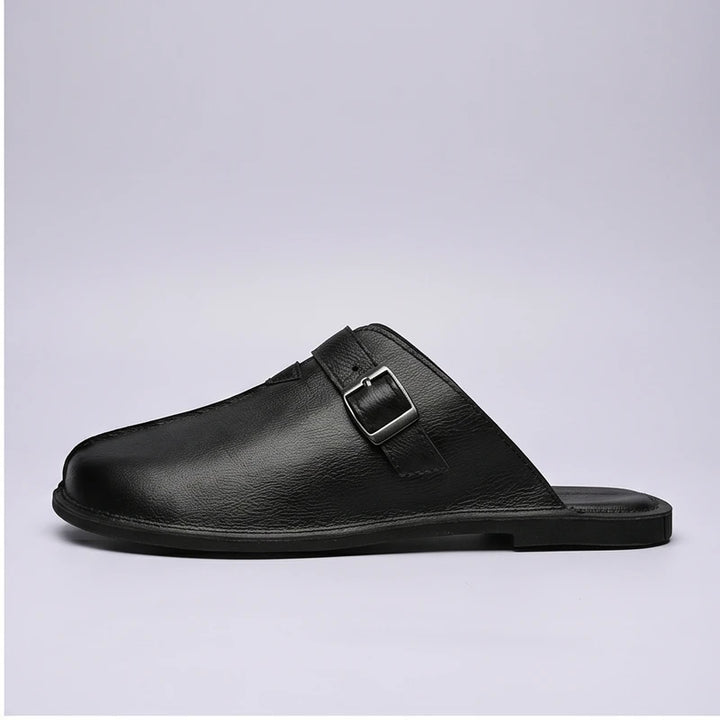 4216Black Plus Size 38-47 Summer Open-back Slides Sandals Mules Half Shoes For Men 2025 Leather Backless Casual Shoes Loafers Slippers product photo - 2