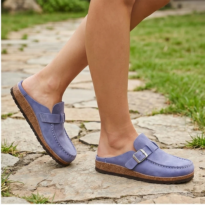 Model wearing Purple 2026 New Women's Shoes Slip on Female Flats Durable Belt Buckles Mules Fashion Wear Resistant Women Half Slippers Retro Zapatos outdoors - 2
