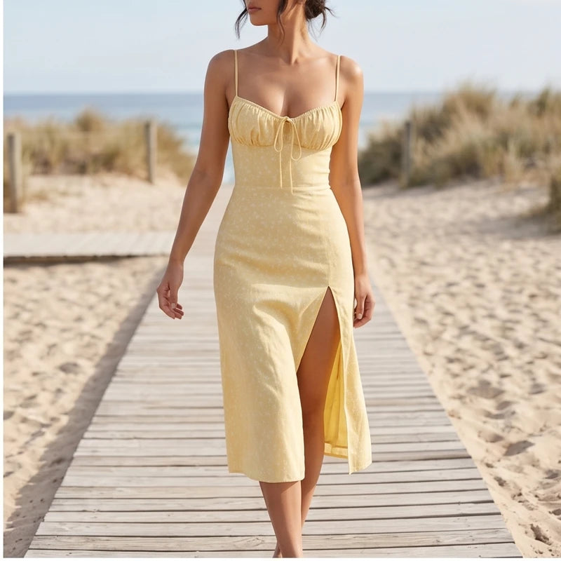 Model wearing Yellow Seraphine Floral Midi Slip Dress outdoors - 2