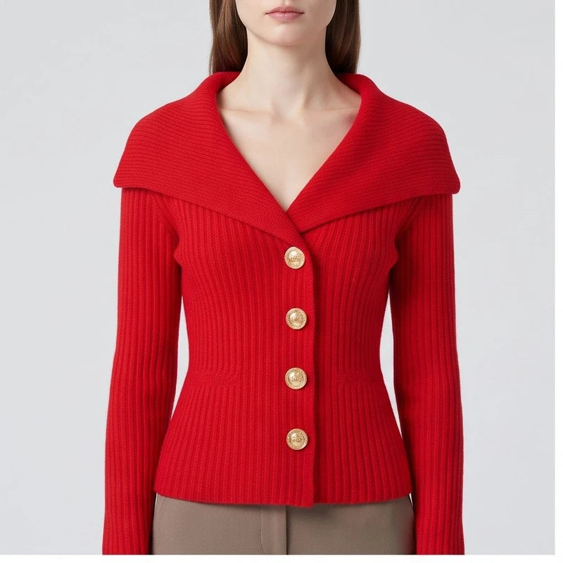 Model wearing Red knitted jacket in a studio