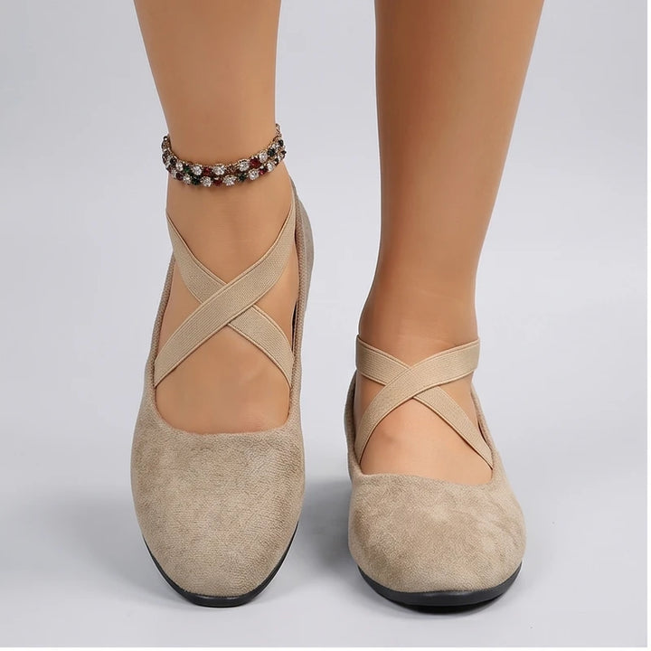 Model wearing Khaki Selene Ballet Criss-Cross Flats in studio