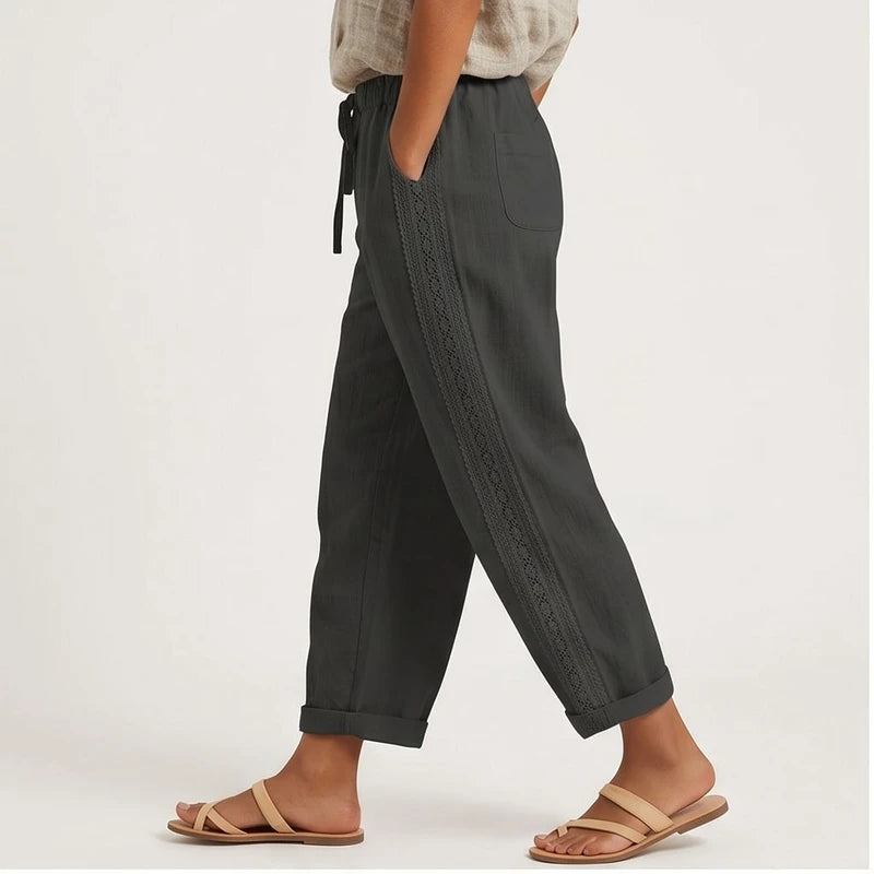 Model wearing black Wide Leg Pants Women Casual Straight Ankle Length Trousers High Waist Elastic Waist Lace Up Pockets Slacks 2025 Streetwear in studio