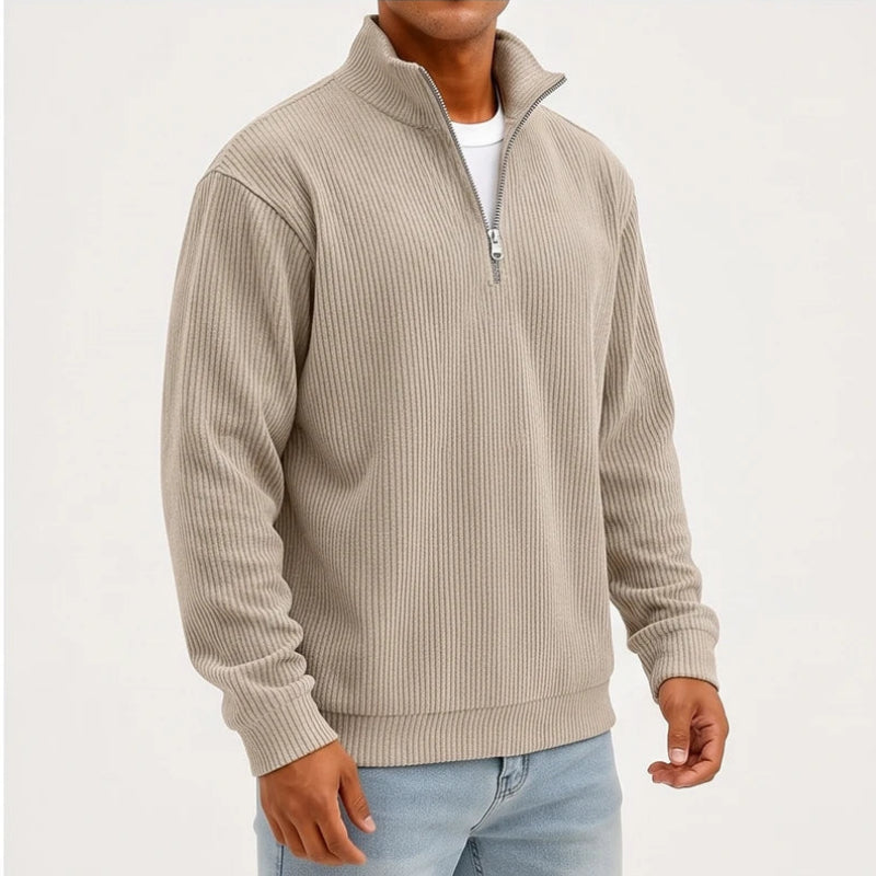 Model wearing Khaki corduroy pullover in a studio - 2