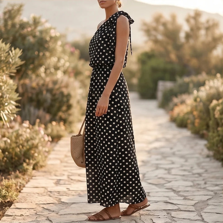Model wearing Black Sexy Off Shulder Hight Waist Maxi Dress 2026 Fashion Bow Lace-Up Party Dress Elegant Polka Dot Print Sleeveless Long Dress outdoors - 2