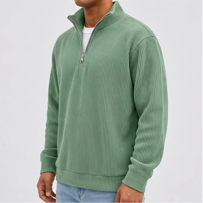 Model wearing Green corduroy pullover in a studio - 2