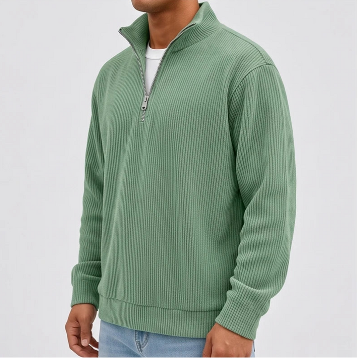 Model wearing Green corduroy pullover in a studio - 2