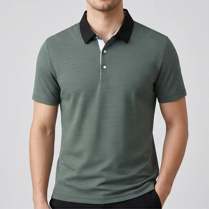 Model wearing Green Hollis Striped Polo in studio