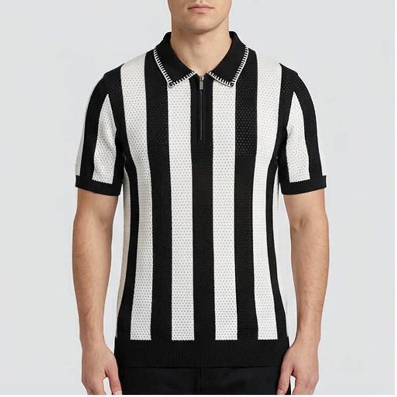 Model wearing Black Corbin Cotton Knit Polo Shirt in studio