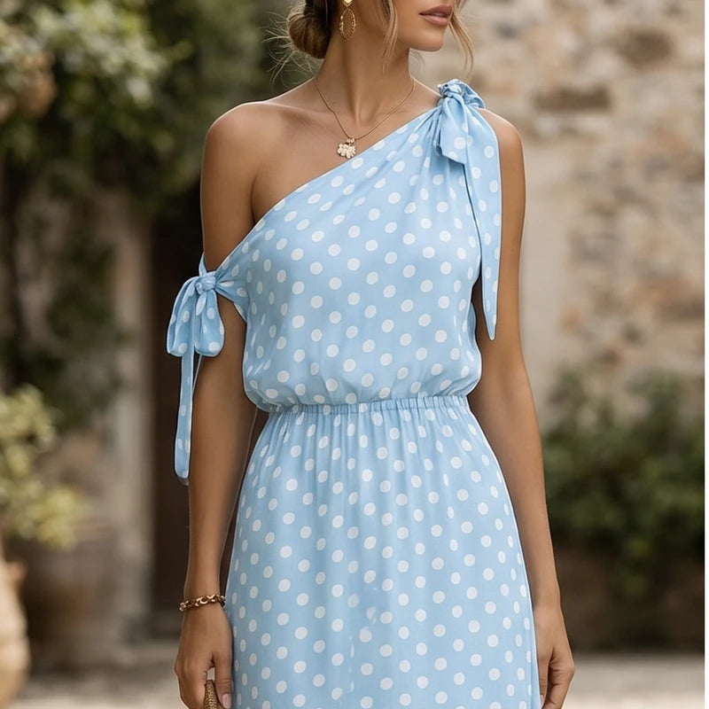 Model wearing Blue Sexy Off Shulder Hight Waist Maxi Dress 2026 Fashion Bow Lace-Up Party Dress Elegant Polka Dot Print Sleeveless Long Dress outdoors