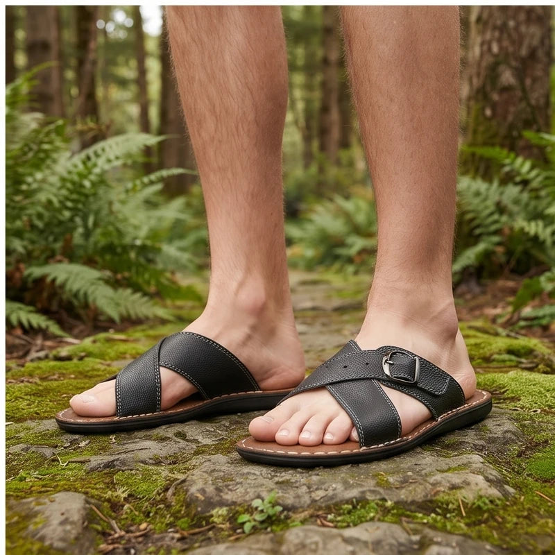 Model wearing Black leather sandals outdoors - 3