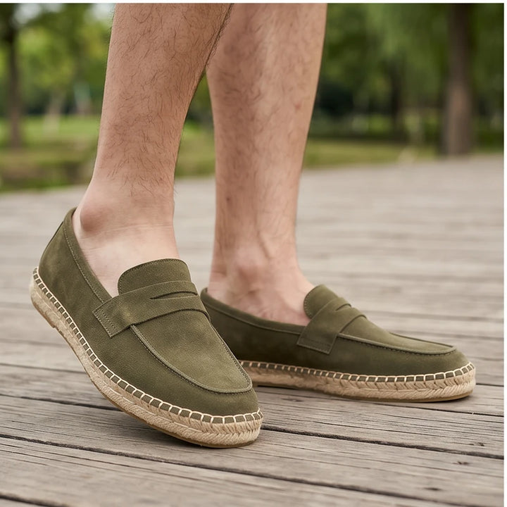 Model wearing Green Men's Jute Espadrilles Slip on Loafers Cow Suede Leather Casual Shoes outdoors - 3
