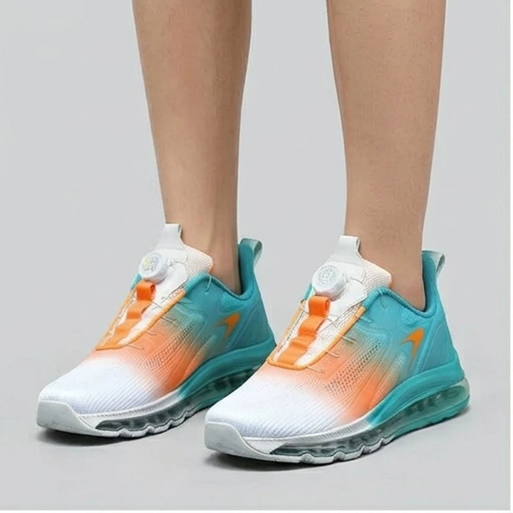 Model wearing Green Helix Dial Adjustable Running Sneakers in studio